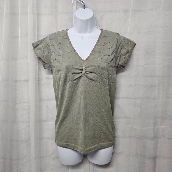 Vintage Olive Green Tee Top Y2K Fairy Twee Crochet Trim Ruched Ribbed Bodycon XL - Picture 11 of 11